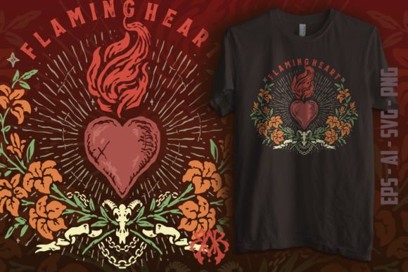 Eternal Flaming Heart: A Vintage Tattoo Design for Bold Creators